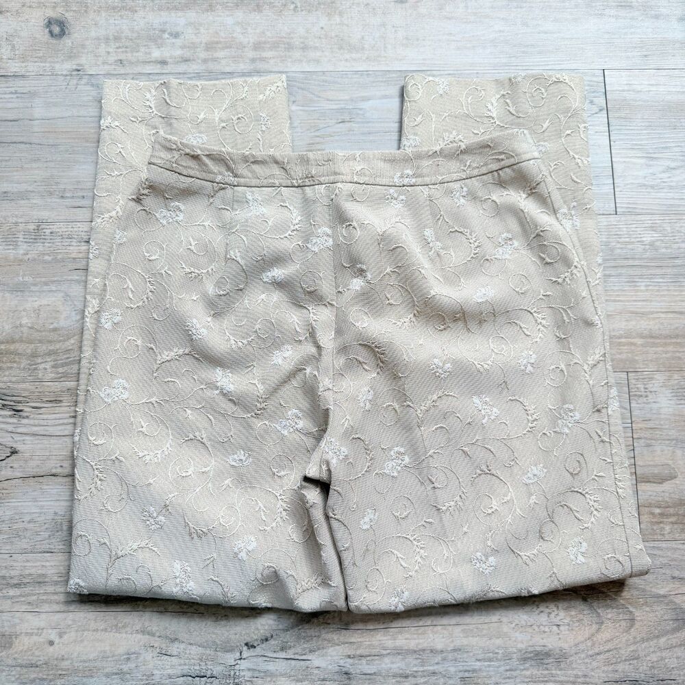 Vintage Romantic Floral Embroidered Shimmer Jacquard Dress Pants Beige 4 Small